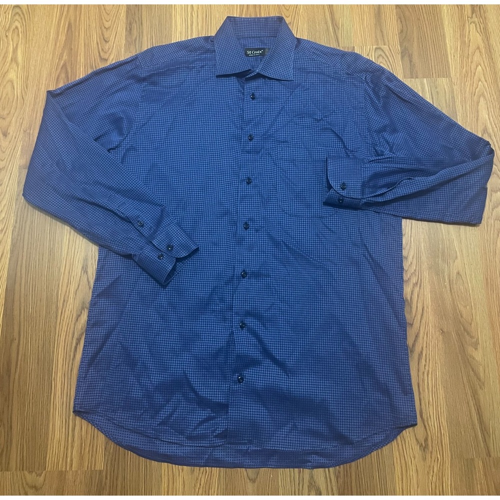 St Croix Shirt Mens Large Italian Woven Geometric Dress Button Front Blue